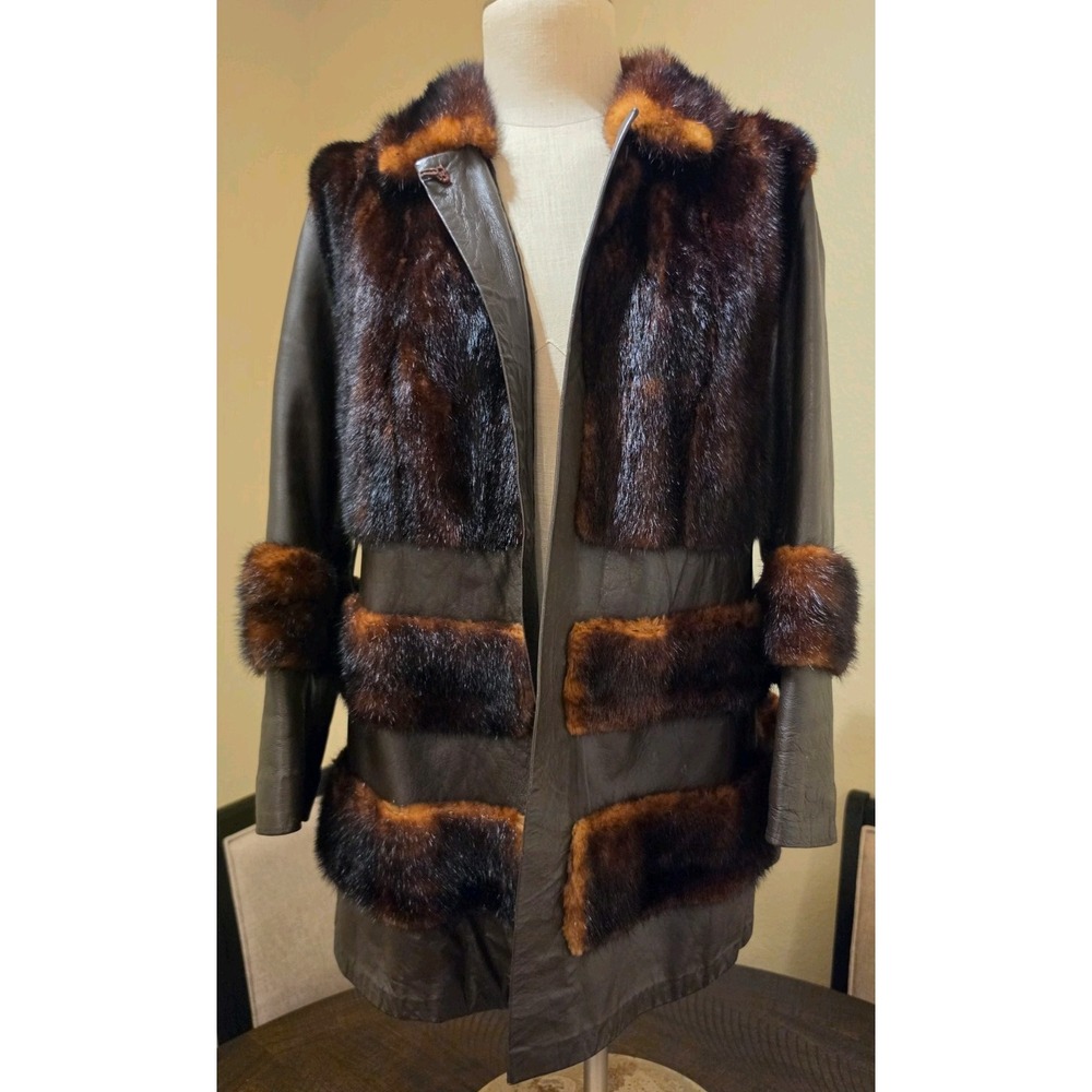 Bensky Furs Vintage Leather & Real Fur Coat Women's Large Fit